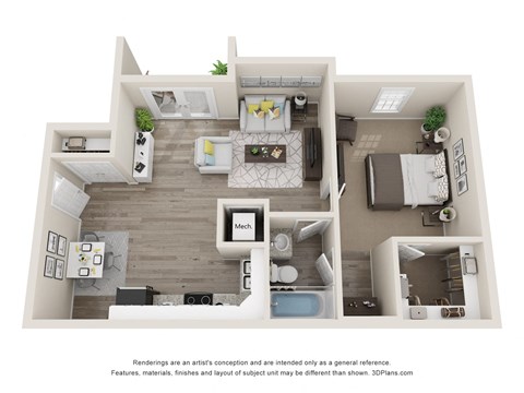 1 Bedroom Floor Plan | 693 Sq. Ft. at Woodbriar Management, LLC, Tucker, Georgia